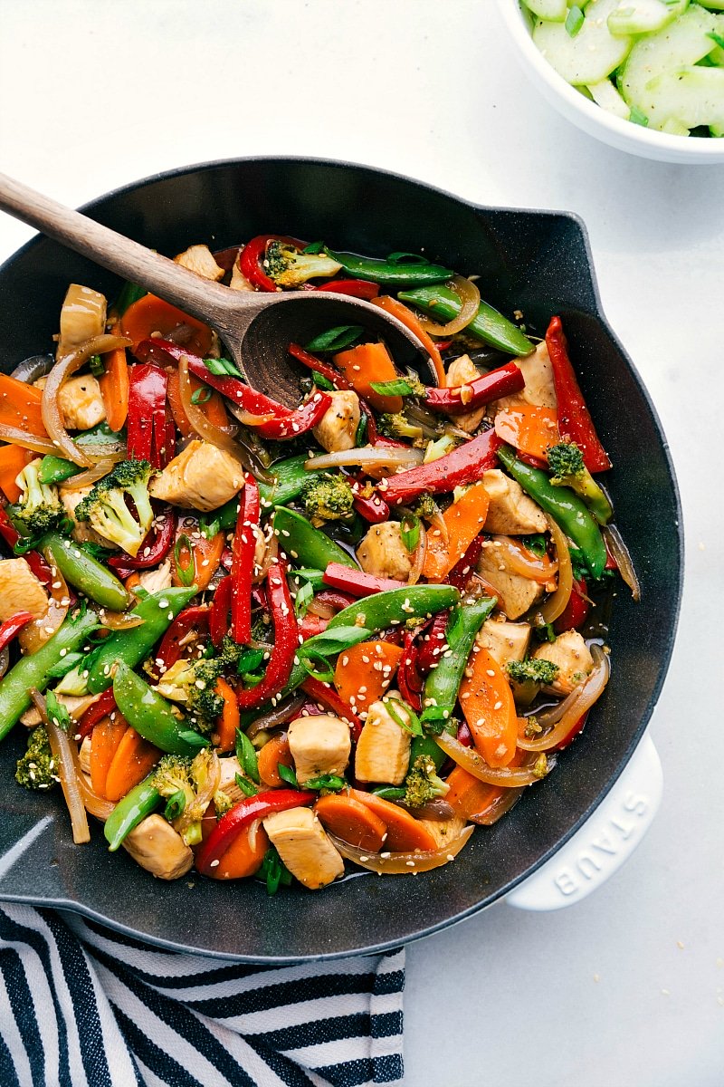 Chicken Stir Fry Ready to Serve - A Skillet Full of Flavor Chicken stir fry in a skillet, brimming with vegetables and rich flavors, prepared for serving.