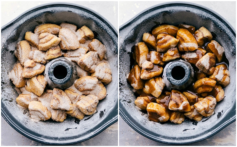 Assembling Cinnamon Roll Monkey Bread in a Bundt Pan The dough pieces being added to the bundt pan and the brown sugar sauce being poured on top.