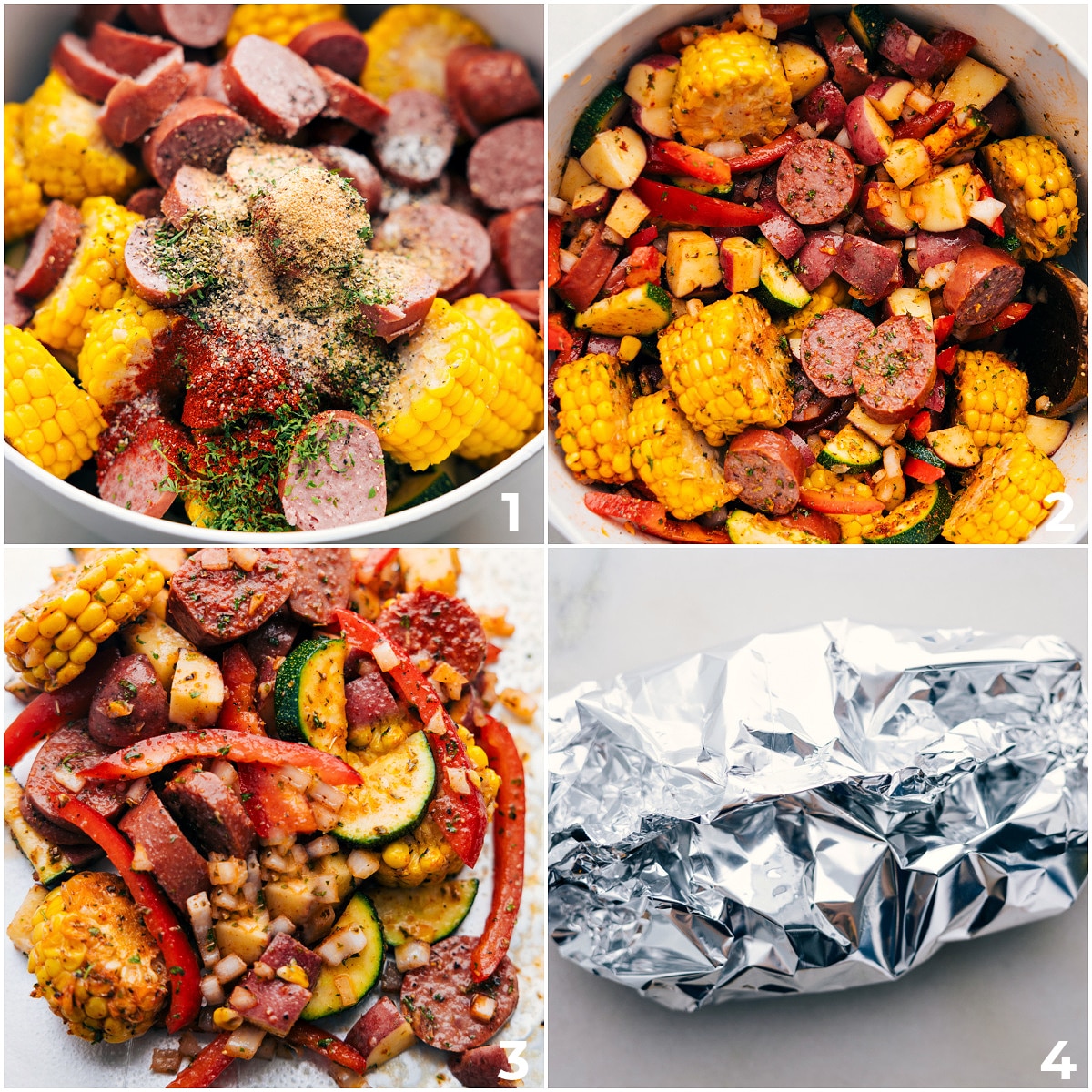 How To Make Tin Foil Sausage and Veggies Recipe All the ingredients for Tin Foil Sausage and Veggies Dinner being added to a bowl and mixed together then added to tinfoil and it being sealed for cooking.
