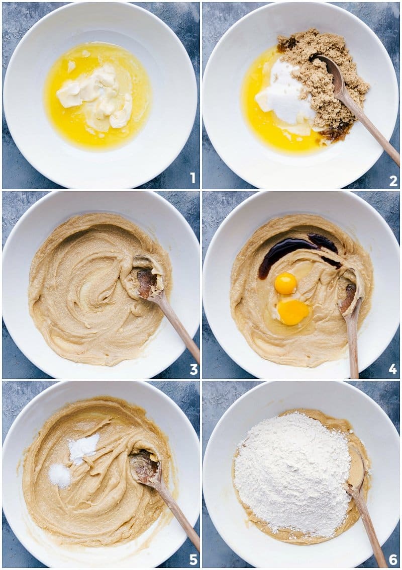 Creating Toffee Cookie Dough: A Visual Guide from Measuring to Mixing Measuring and mixing the dough, including adding wet and dry ingredients.