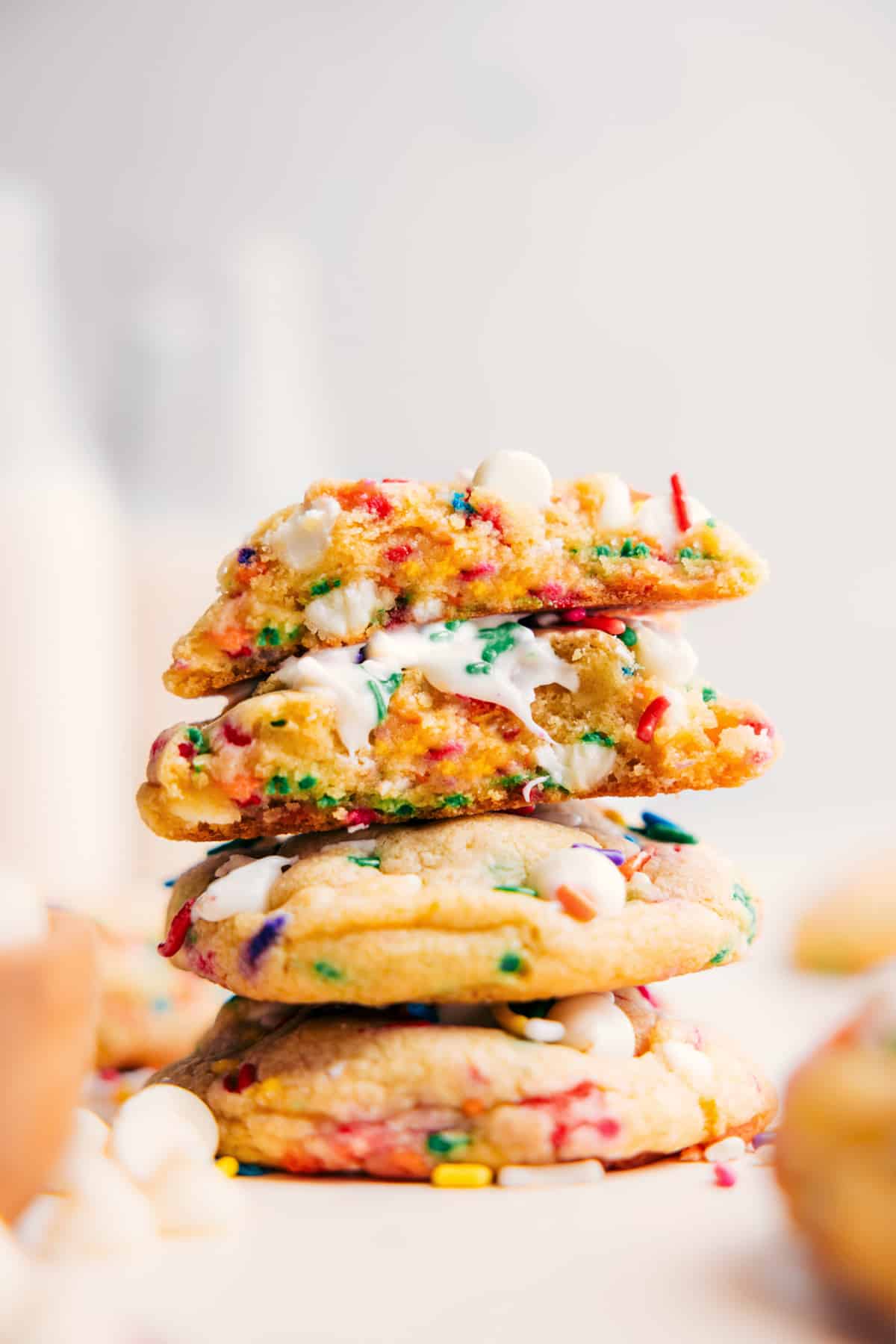 Stack of Cake Batter Cookies with Colorful Sprinkles Cake Batter Cookies stacked on top of each other, ready to be enjoyed.