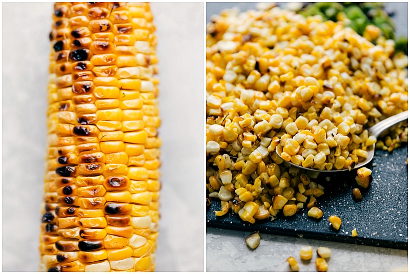 Preparing Creamy Corn Salad: Grilled Corn Kernels Being Removed for Recipe Grilled corn on the cob with the kernels being skillfully removed, preparing them for the creamy corn salad recipe.