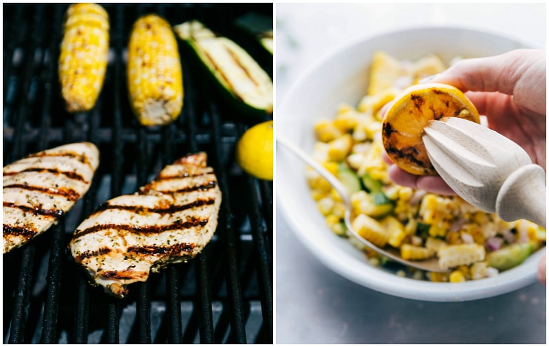 Grilling Meat, Corn, and Lemon for Greek Chicken Meat, corn, and lemon slices on the grill, capturing the grilling process, followed by the juicing of the lemon and adding the juice to the salad.