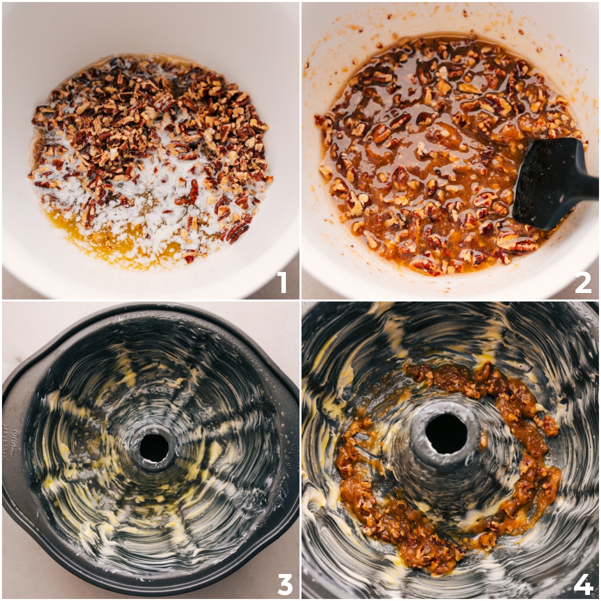 Layering Pecan and Brown Sugar Topping with Cinnamon-Sugar Covered Biscuits Mix pecans, sugar, and butter, then place them in a buttered bundt pan for the monkey bread.