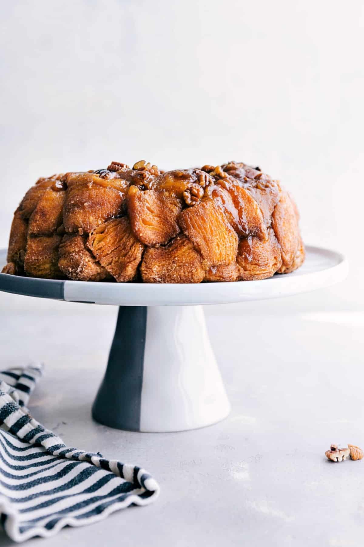 Finished Monkey Bread on Cake Stand Monkey Bread on a cake stand, ready to enjoy.