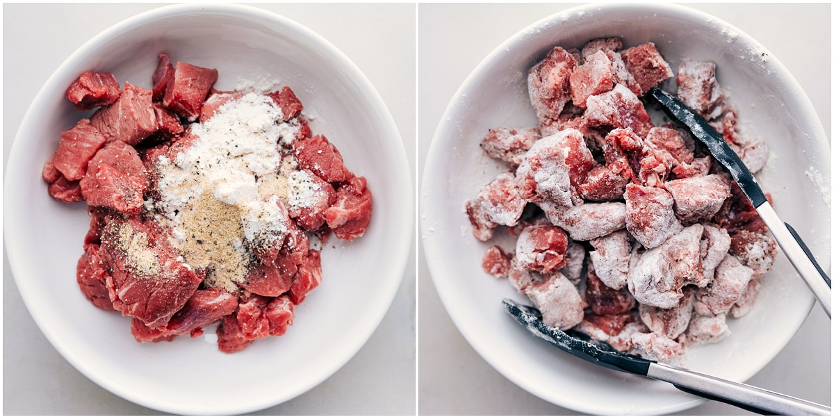 Prepping The Beef For This Sweet Potato Stew Toss the beef with flour, salt, and pepper for this sweet potato stew.