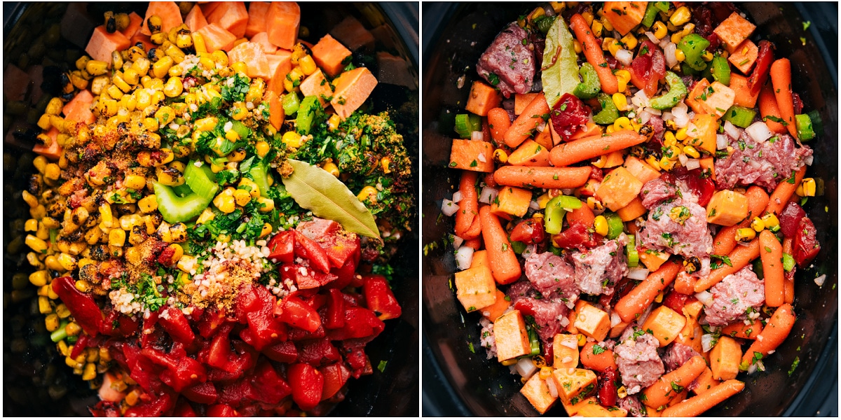 How To Make Sweet Potato Stew Tossing all the ingredients in the crockpot to cook.