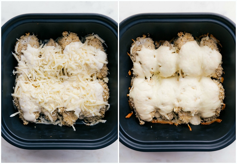 Air Fryer Chicken: Before and After with Melted Cheese Chicken in an air fryer, before and after baking until well done with melted cheese on top.