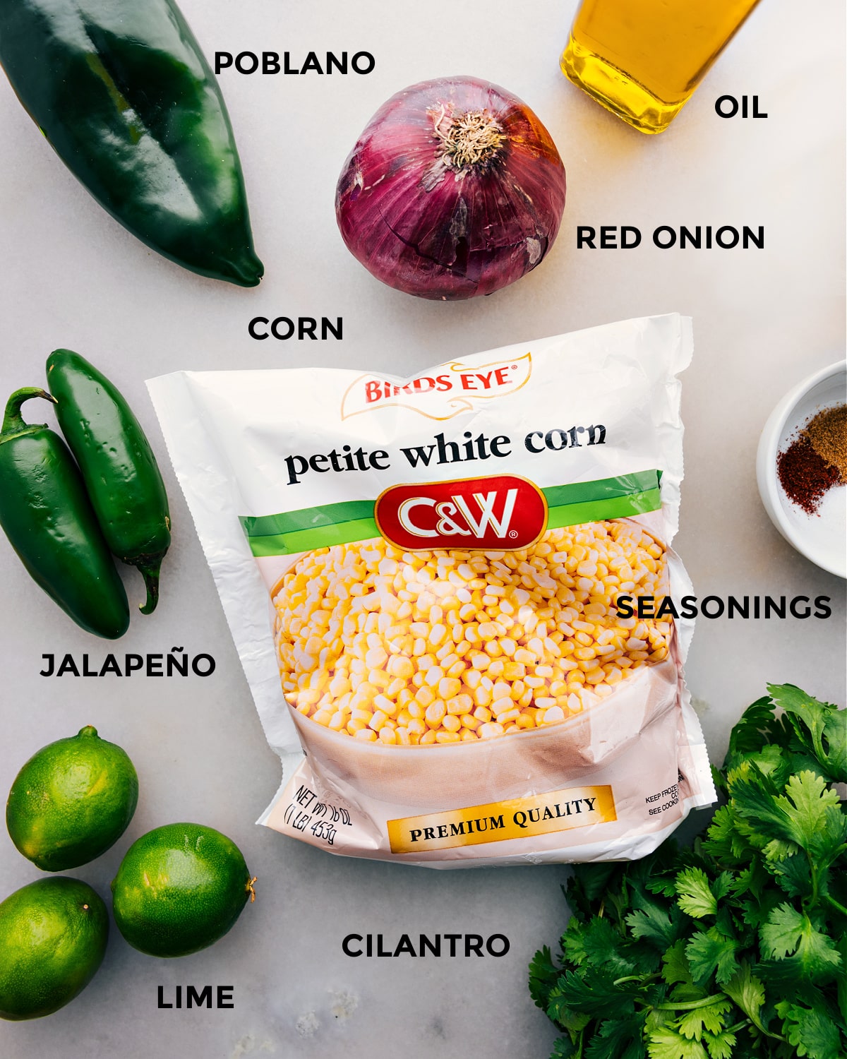 Ingredients laid out on table with titles Ingredients set out