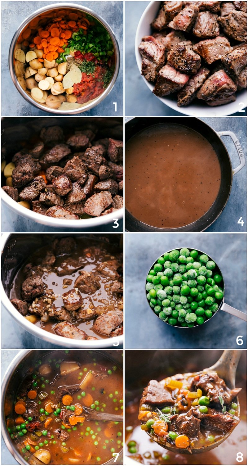 Instant Pot Cooking: Vegetables, Beef, and Peas Fresh vegetables being added to the instant pot, followed by the seared beef going in, and then everything simmering and cooking together in the pot and then adding peas to complete the dish.