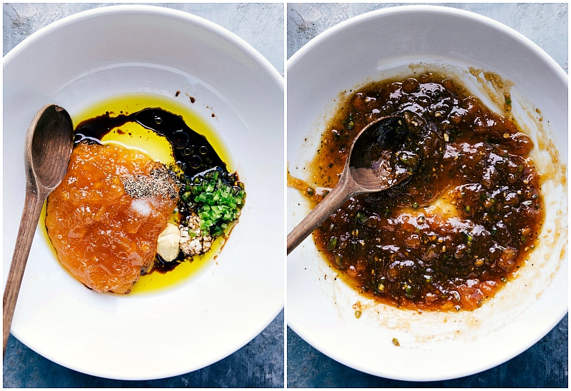 Mixing Ingredients for a Delicious Glaze - Preparing a Flavorful Coating All ingredients for the glaze being combined in a bowl to create a delicious, glossy mixture.