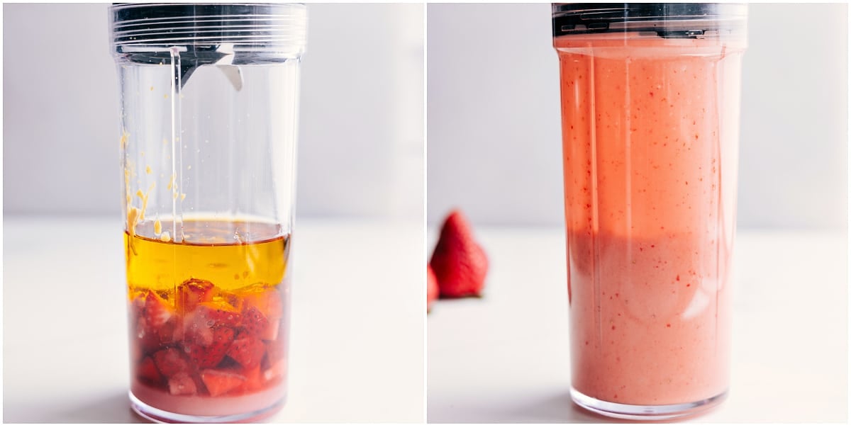 Blend All The Dressing Ingredients Together For This Strawberry Vinaigrette All the dressing ingredients added to a blender and blended together to make this strawberry vinaigrette.