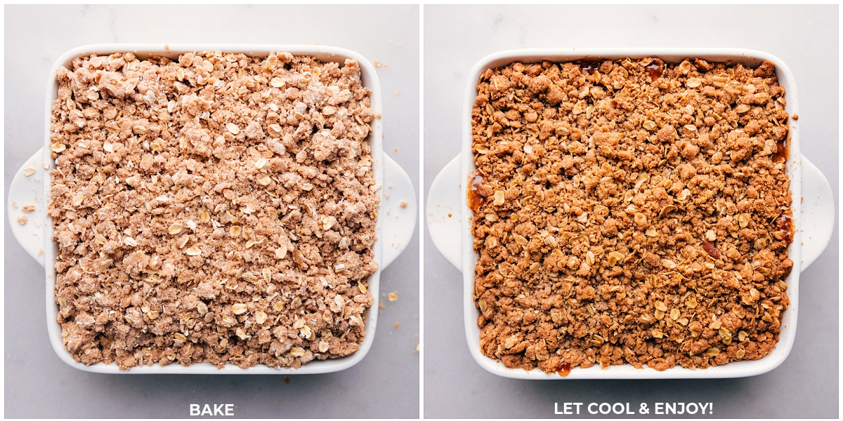 Baking the Golden Apple Crumble Apple crumble baking in the oven until golden brown.