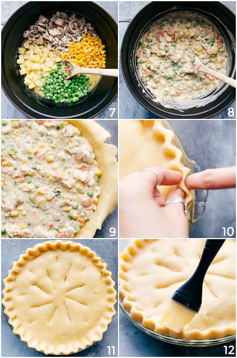 Preparing Pie: Adding Filling to Crust, Brushing with Butter, Ready to Bake Filling being made and added to the crust, with the crust being brushed with butter, ready for baking.