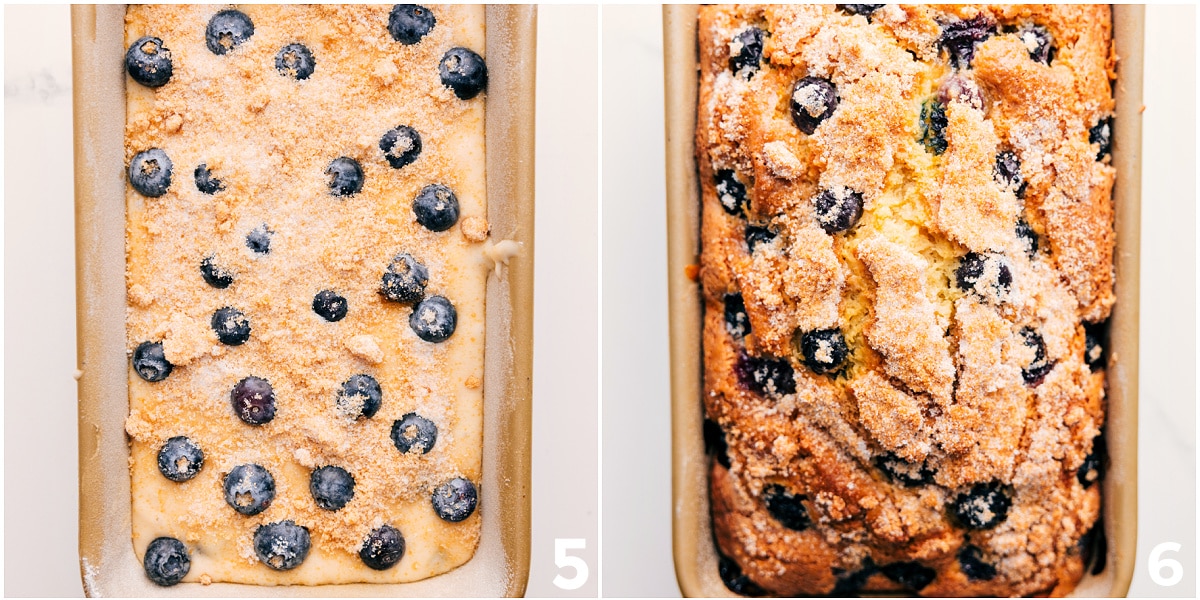 Blueberry Bread Preparation - Bursting with Flavor The batter in a loaf pan topped with fresh blueberries and sugar before baking.