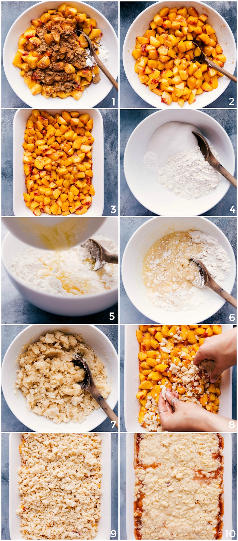 Making Peach Filling and Crumble Topping - Dessert Preparation Preparing peach filling and delicious crumble topping for the dessert.