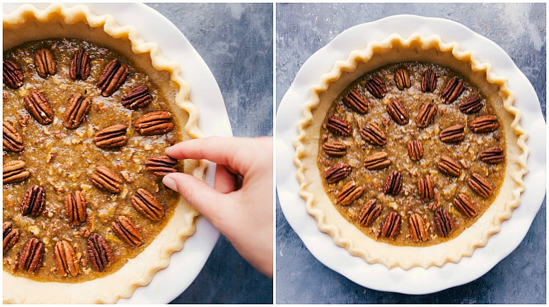 Arranging Pecans on Pie - Delicate and Beautiful Decor Delicately and beautifully placing the nuts on top of the filling before baking.