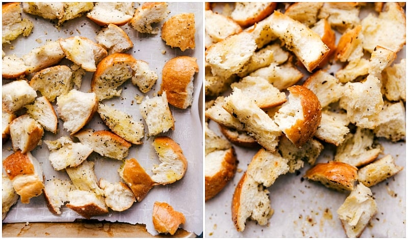 Homemade Croutons Being Made as a Flavor-Packed Addition The delicious and flavor-packed homemade croutons being made, a perfect addition to this dish.