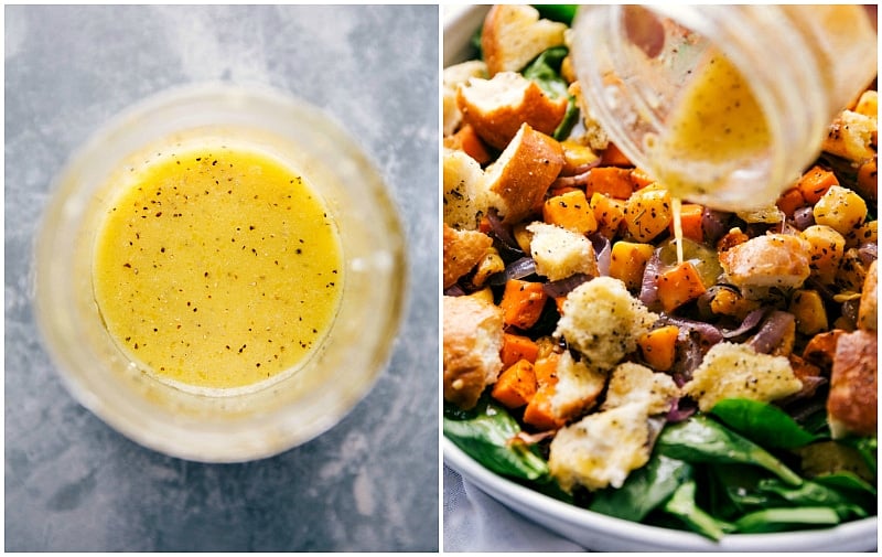 Pouring Lemon-Honey Vinaigrette on Roasted Veggie Salad Lemon-honey vinaigrette being poured on the roasted veggie salad.