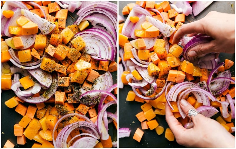 Chopped Vegetables Seasoned and Prepared for Roasting on a Sheet Pan The chopped vegetables on a sheet pan being seasoned and prepared for roasting.