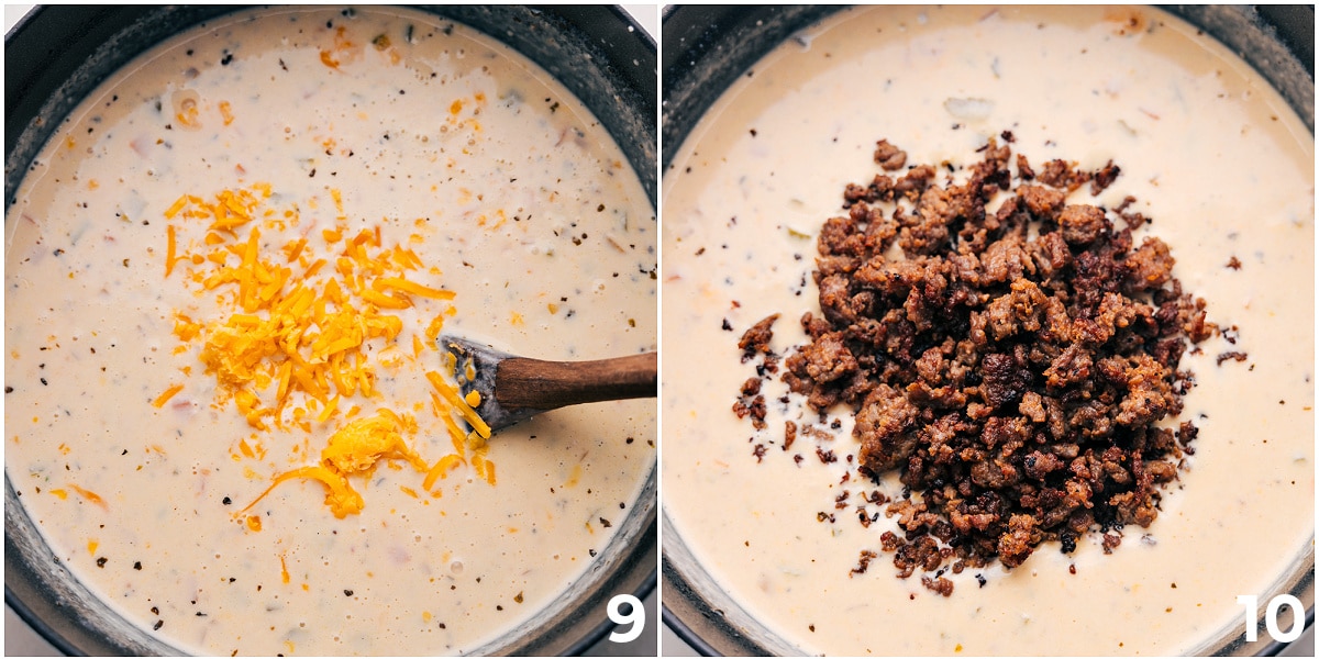 Adding Cheese And Sausage For Sausage Potato Soup Adding in the cheese and cooked meat to the dish.