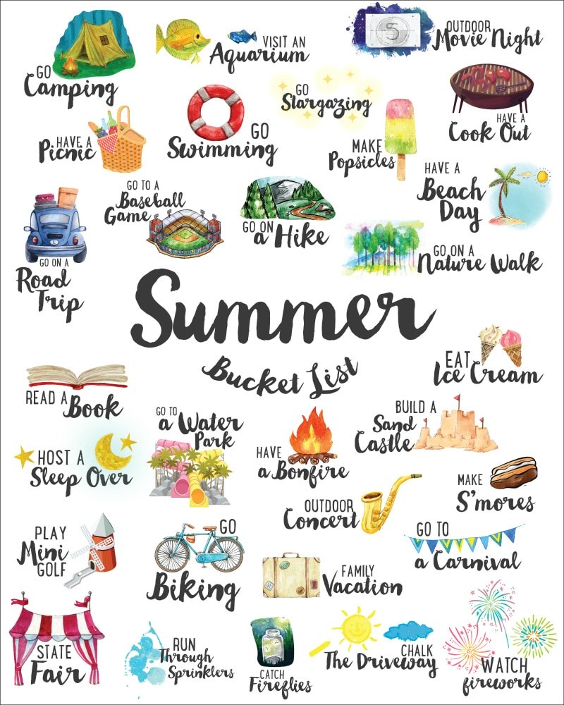 Free Summer Bucket List to print out and check off.