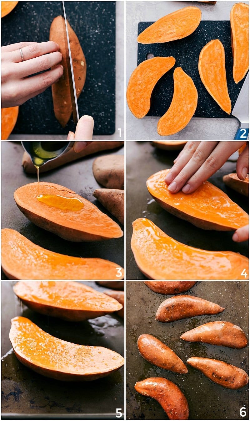 How To Make Baked Sweet Potatoes Prepping sweet potatoes for the oven, by cutting and drizzling with oil and salt and pepper.