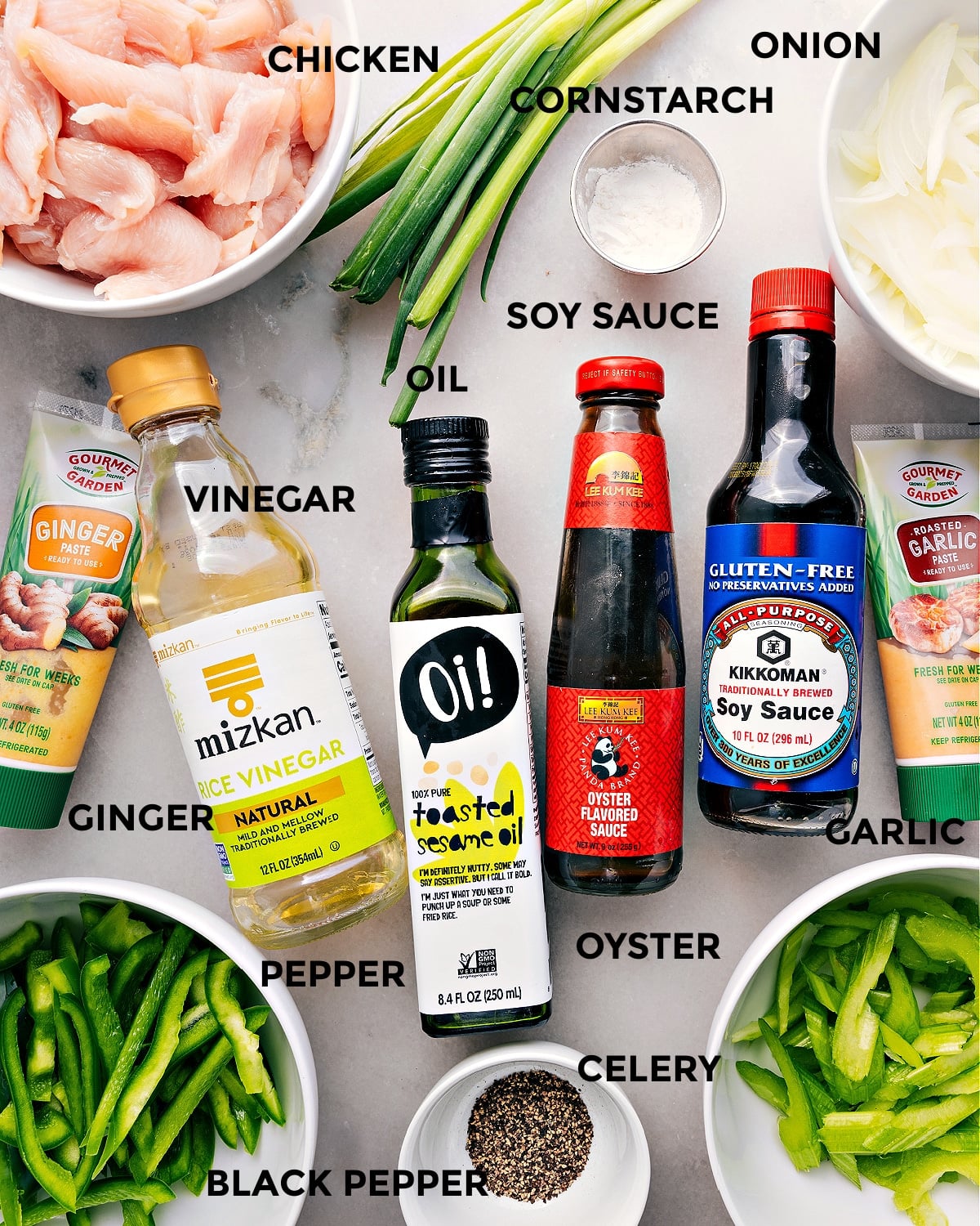Ingredients In Black Pepper Chicken All the ingredients in this recipe prepped out for easy assembly including meat, cornstarch, onion, soy sauce, oil, vinegar, garlic, oyster sauce, rice vinegar, ginger, pepper, celery, and pepper.