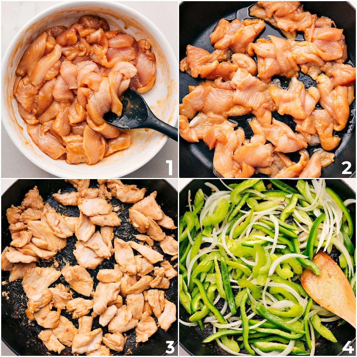 How To Make Black Pepper Chicken Meat marinated in the sauce, then cooked, with the peppers sautรฉed separately.