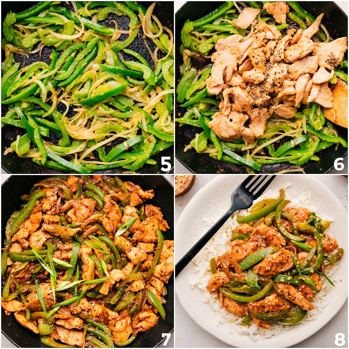 The Perfect Weeknight Dinner: Black Pepper Chicken Chicken added to sautรฉed peppers, cooked together in the skillet, then plated and served.