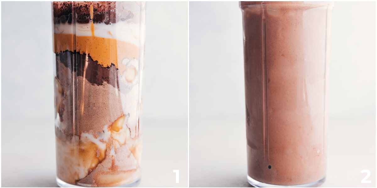 How To Make Chocolate Protein Shake All the ingredients for this chocolate banana protein shake added to a blended and it all being blended together.