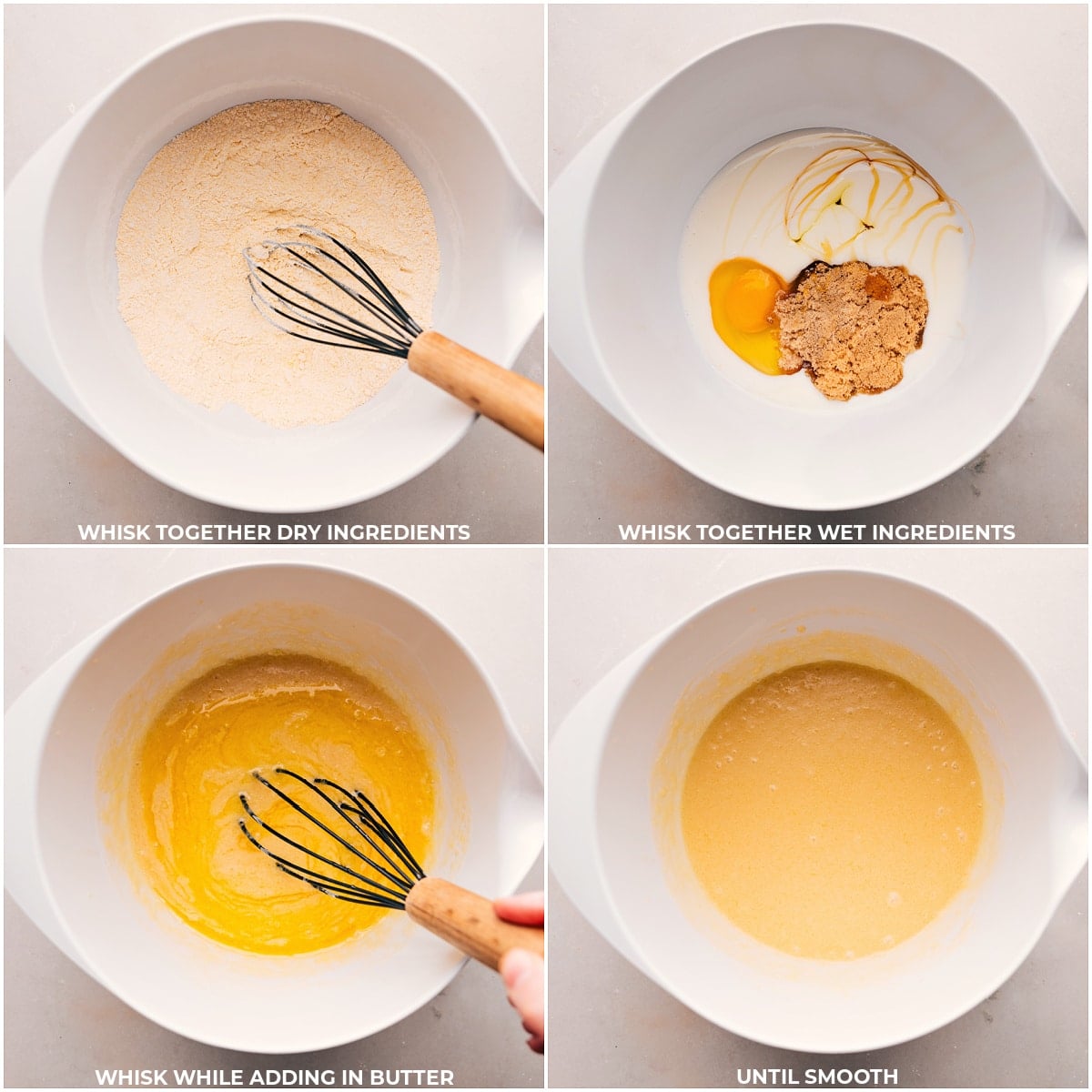 Making Cornbread Muffins: Whisking Dry Ingredients, Adding Wet Ingredients, Achieving Smoothness Whisking dry ingredients until combined, followed by adding wet ingredients and whisking until the mixture is smooth.