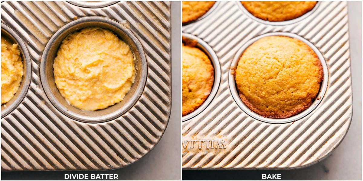 Baking Cornbread Muffins: Filling Tin with Batter, Achieving Golden Crisp Tops Filling a tin with batter and baking until the tops achieve a golden, crisp texture.