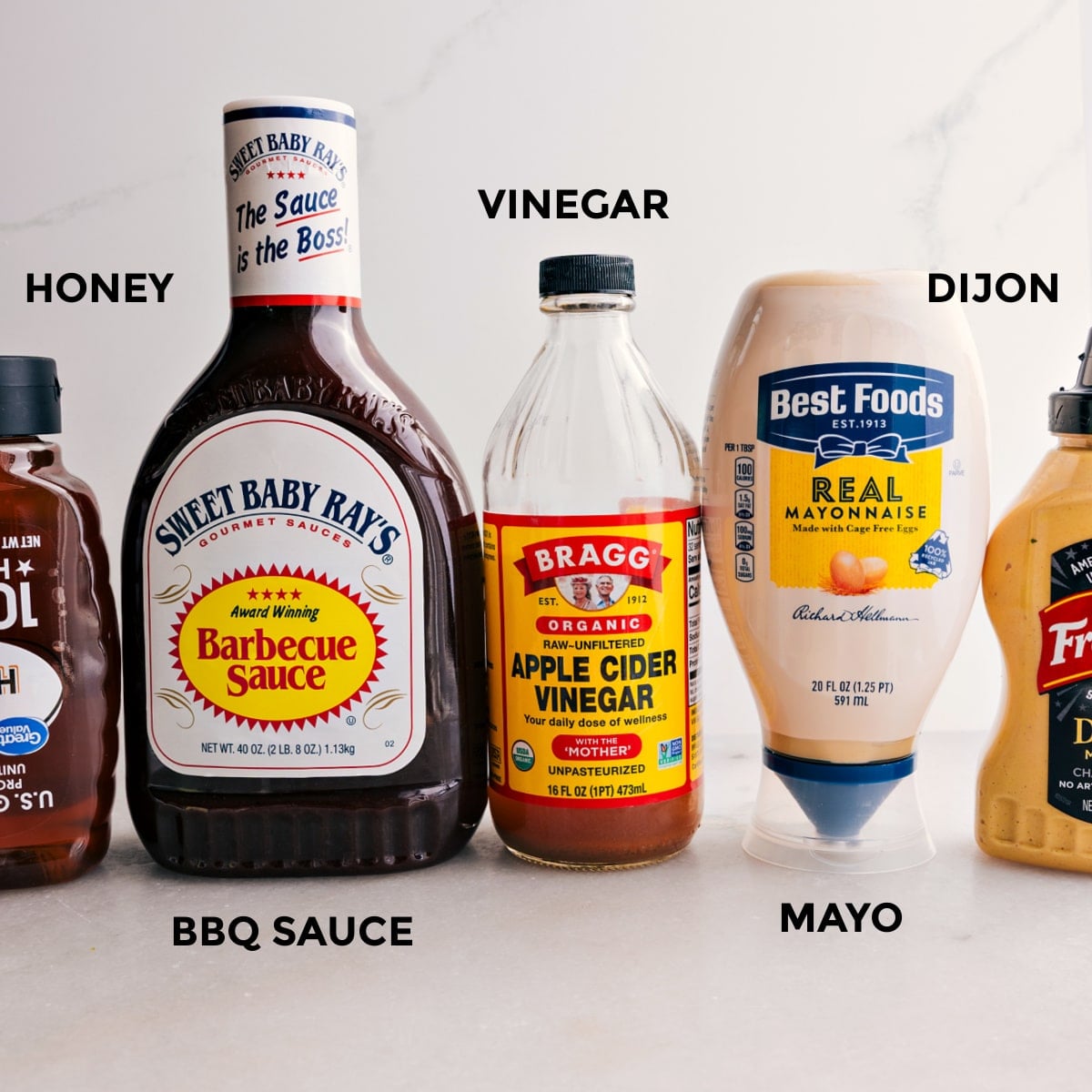 How To Make The Dressing For Crispy Chicken Salad For this crispy chicken salad, the dressing ingredients are prepped for easy assembly: honey, BBQ sauce, vinegar, Dijon, and mayo.