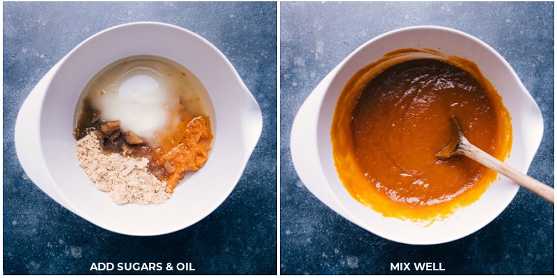 Combining Sugars and Oil with Pumpkin for Muffins Ingredients including sugar and oil being poured into a bowl, then being stirred together.
