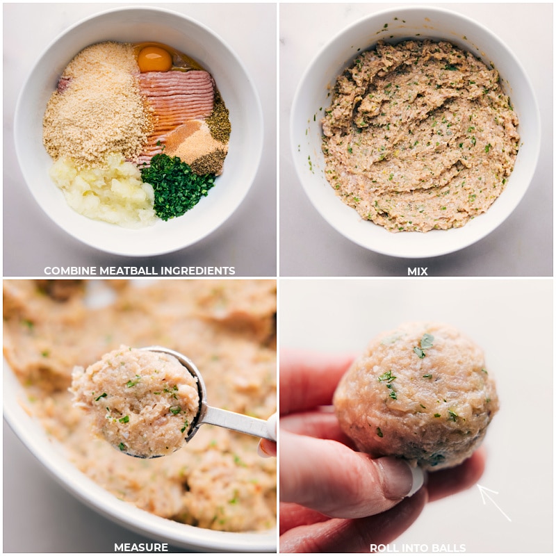 Combining ingredients; rolling the mixture into uniform meatballs for the turkey meatball recipe.