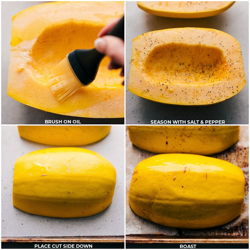 Prepping Spaghetti Squash: Brushing with Oil, Seasoning with Salt and Pepper, and Roasting Brushing the squash with oil and seasoning with salt and pepper before roasting.