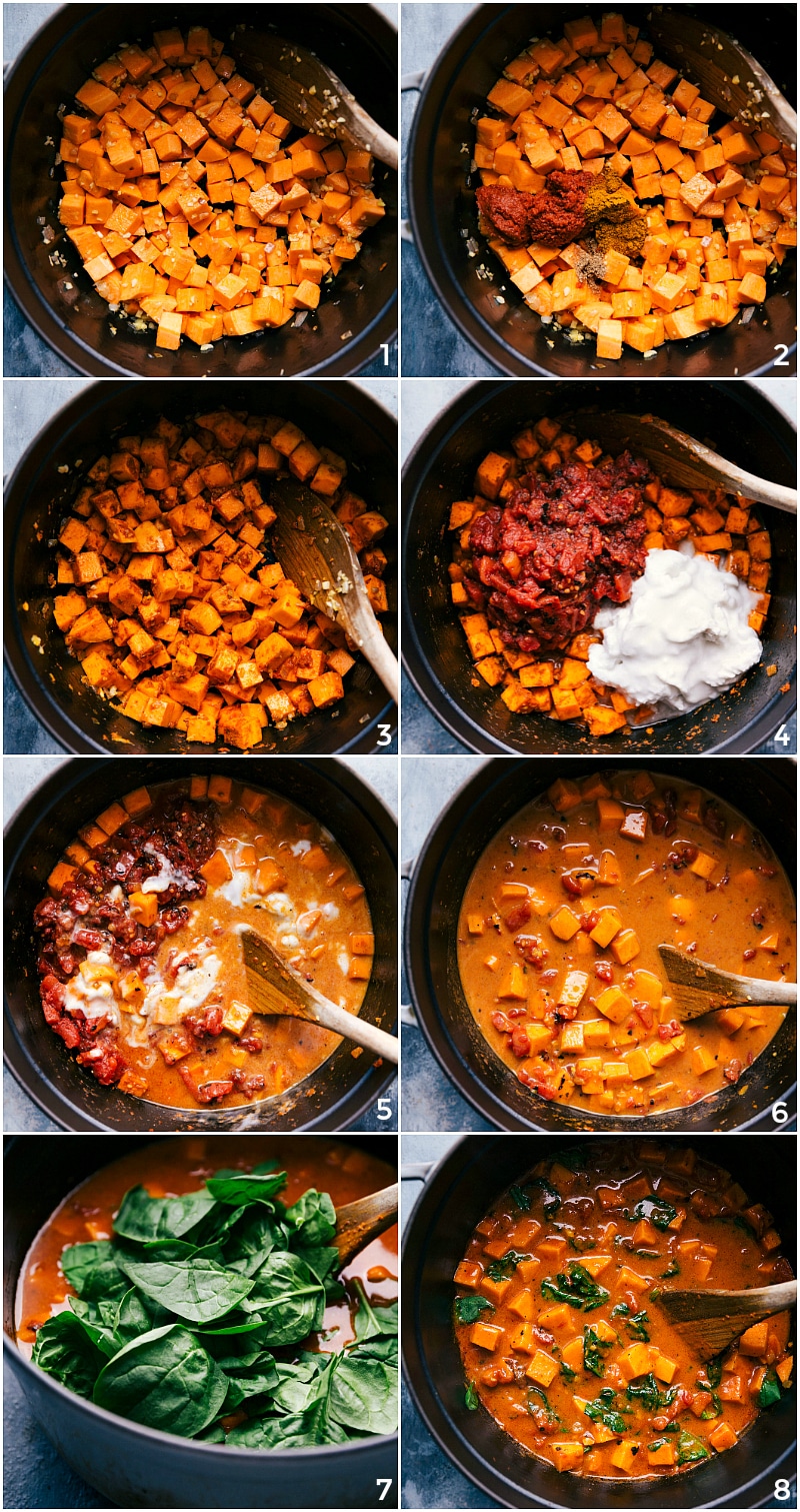 The Sweet Potatoes Being Cooked; the Other Ingredients and Seasonings Being Added on Top; More Simmering; Adding Spinach to the Mixture; Ready to Serve The sweet potatoes being cooked; the other ingredients and seasonings being added on top; adding spinach to the mixture; ready to serve.