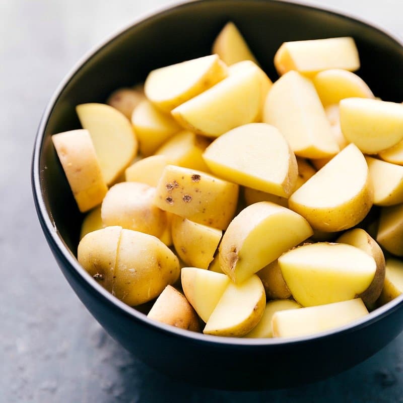 Diced Potatoes Ready for Cooking Prepared and diced potatoes for the recipe.
