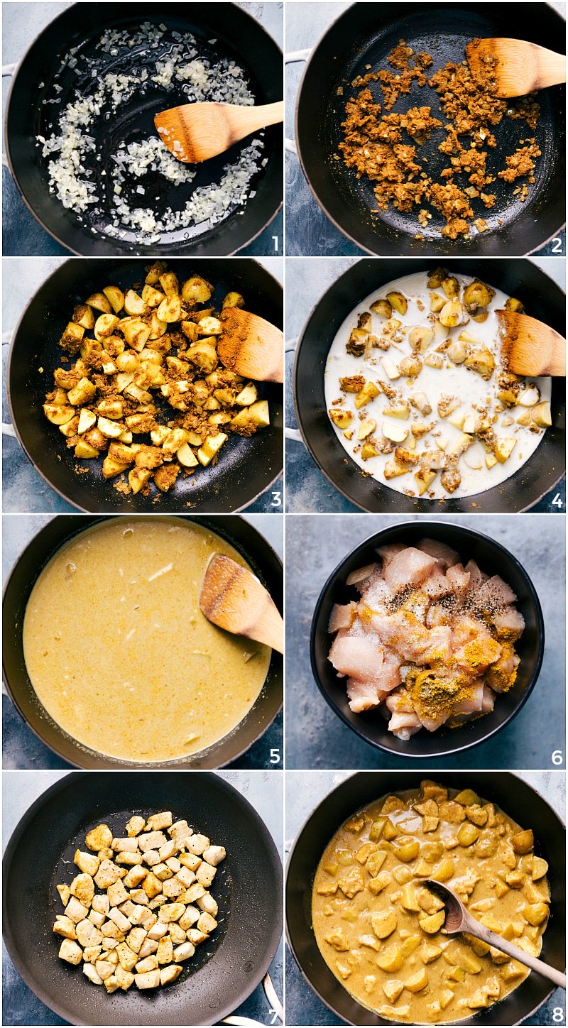 Cooking process: Sautรฉed Onions, Spices, Potatoes, Simmering Coconut Milk, and Cooking Meat Onions sautรฉing in a pan with spices, potatoes added, coconut milk simmering, and meat cooking.