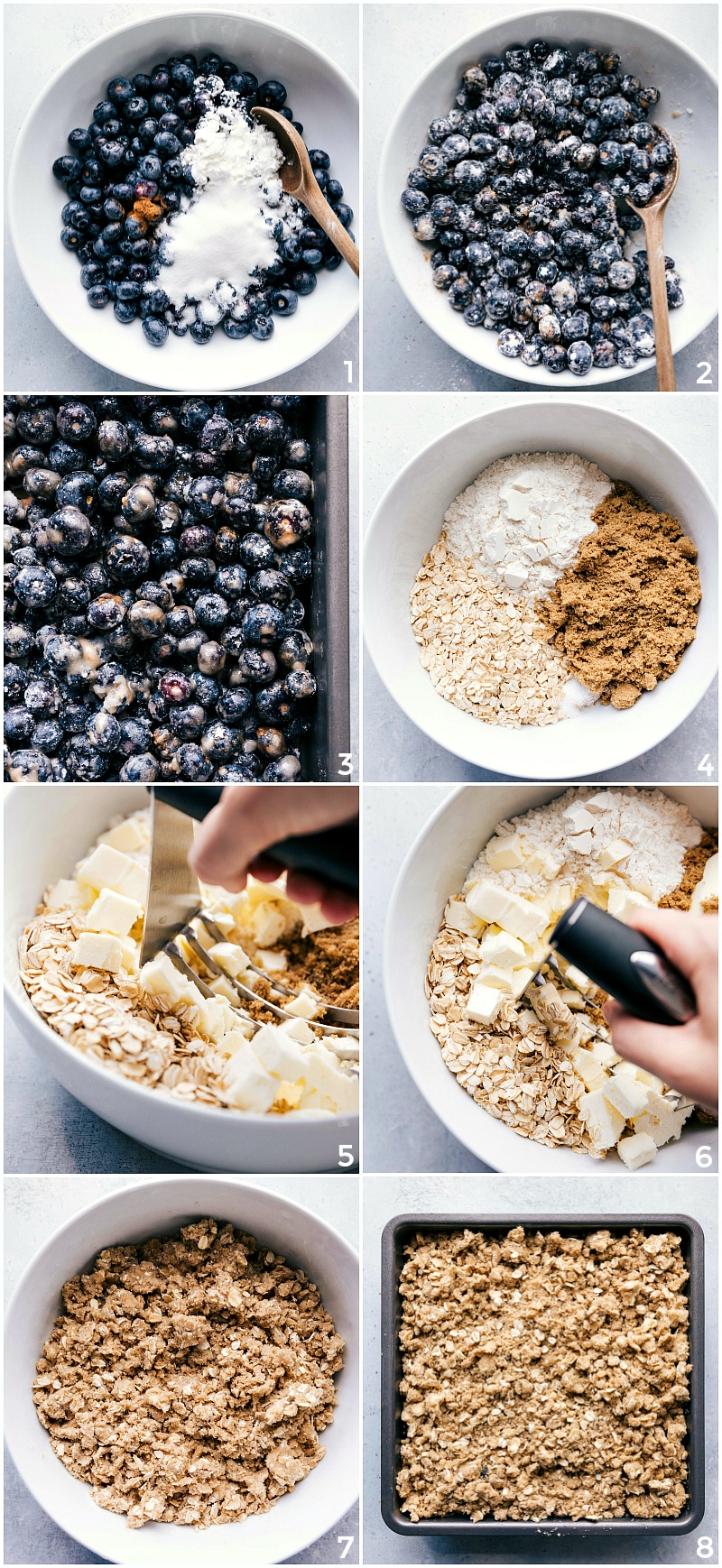 The making of the blueberry crisp, including coating blueberries in cornstarch and lemon, mixing ingredients, adding butter to make the crumble, and assembling in a baking pan.