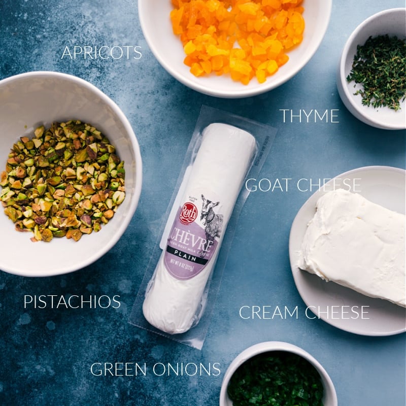 This Pistachio Goat Cheese Ball is one for the books! Recipe via ChelseasMessyApron #appetizer #gameday #snack #best #quick #easy #crackers #familyfriendly #pistachio #goatcheese #ball Ingredient shot-- images of all the ingredients used in this appetizer