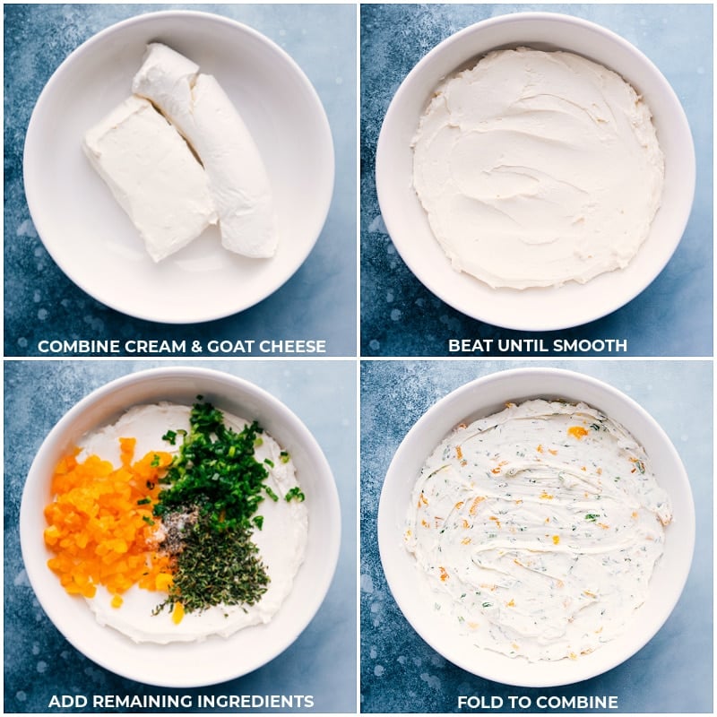 Tangy goat cheese paired with sweet dried fruit, fresh herbs, and encased with salty pistachios -- your next party needs this appetizer! Recipe via ChelseasMessyApron #appetizer #gameday #snack #best #quick #easy #crackers #familyfriendly #pistachio #goatcheese #ball Process shots of Pistachio Goat Cheese Ball-- images of the cream cheese, goat cheese, and remaining ingredients being added into a bowl and it all being mixed together