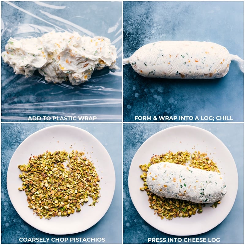 This Pistachio Goat Cheese Ball is one for the books! Recipe via ChelseasMessyApron #appetizer #gameday #snack #best #quick #easy #crackers #familyfriendly #pistachio #goatcheese #ball Process shots-- images of the filling being added to the plastic wrap and it being chilled then being rolled in the pistachios