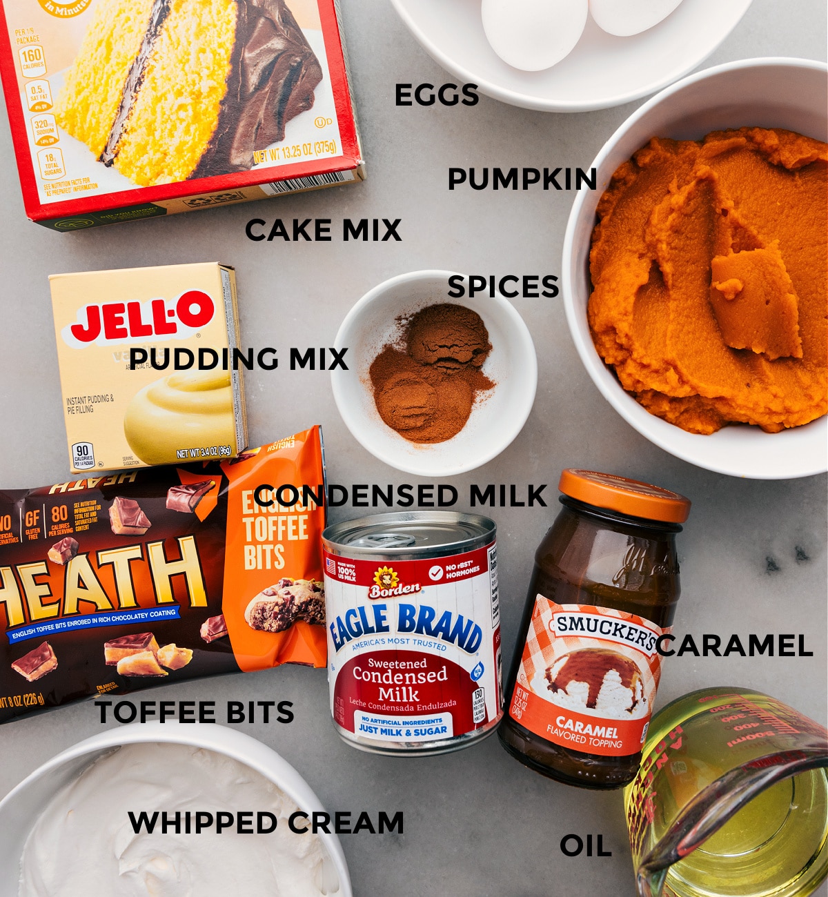 Ingredients In Pumpkin Poke Cake Recipe All the ingredients in this recipe prepped out for easy assembly.