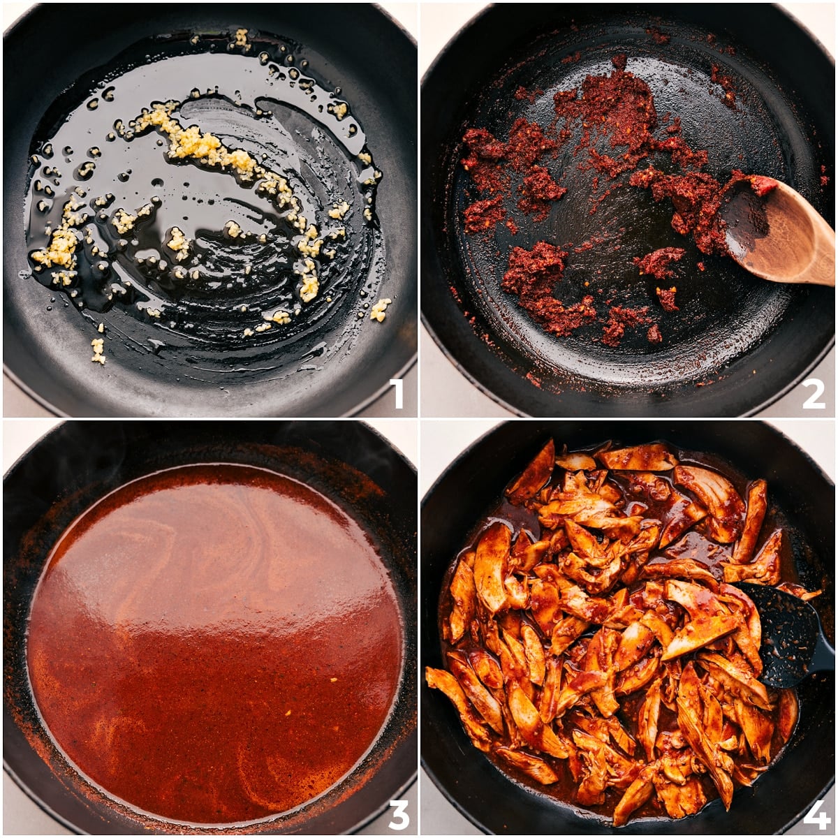 Seasoned Meat for Rotisserie Chicken Tacos Recipe The garlic, oil, and tomato paste are sautรฉed, then water and chicken are added and cooked together in a skillet for this rotisserie chicken taco recipe.