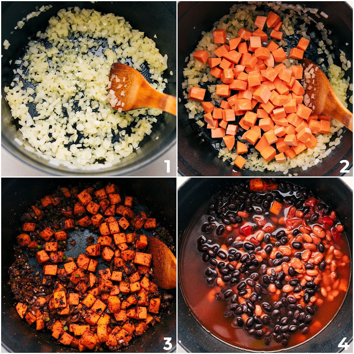 How To Make Sweet Potato Chili First, sautรฉ the onions, then cook the sweet potatoes with the seasonings. Finally, add the beans, tomatoes, and broth for the sweet potato chili.