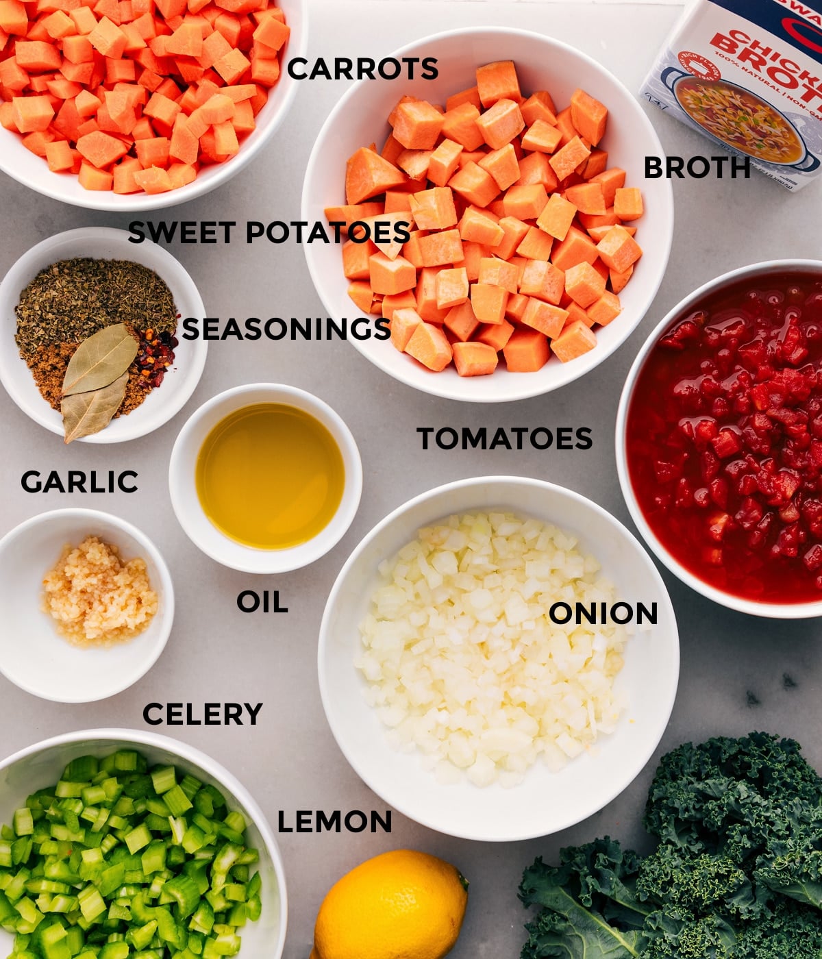 Ingredients In Vegetable Soup Recipe All the ingredients in this recipe are prepped and ready for easy assemblyโveggies, tomatoes, lemon, garlic, seasonings, and broth.