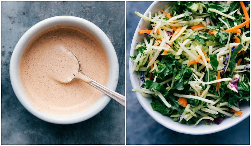 Perfectly seasoned and roasted butternut squash and black beans are loaded in a tortilla with an amazing, savory sauce. These vegetarian Butternut Squash Tacos are loaded with good-for-you ingredients and tons of flavor. Recipe via chelseasmessyapron #healthy #blackbeans #roasted #recipes #butternut #squash #tacos Image of the sauce and the coleslaw that go in these tacos