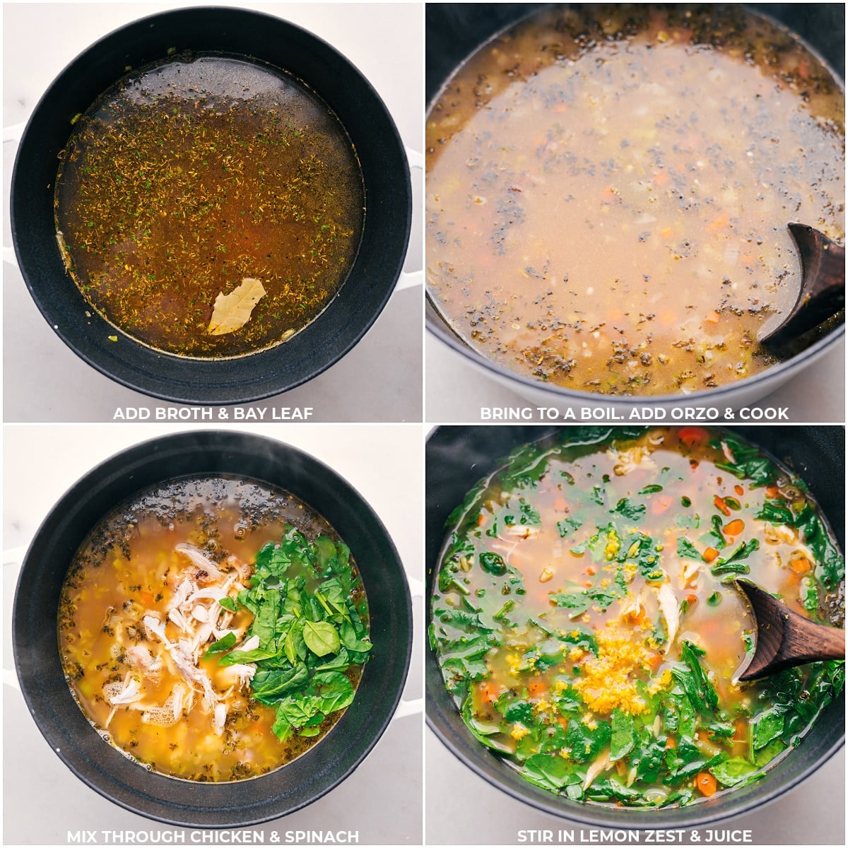 Bay Leaf and Stock Added to Lemon Chicken Orzo Soup Pot Incorporating bay leaf and stock into the pot, followed by the addition of chicken, spinach, and lemon juice and zest for making a delicious and warming dinner.